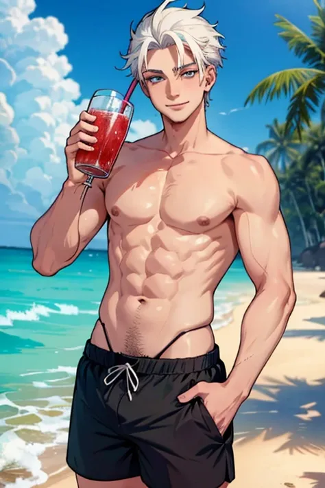 Perfect face. Perfect Hands. A young white haired man with ruby eyes in a Gothic swim trunks is sipping a drink on the beach with a big smile