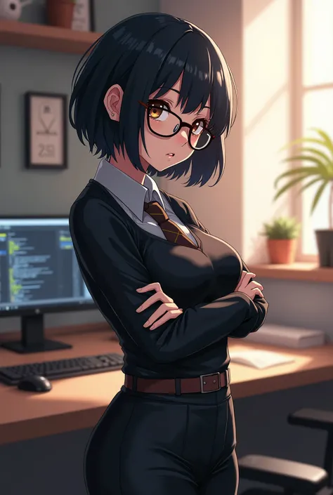   My Hero Academia Style ,   anime girl  , woman, young woman ,  full body shot ,Short hair, Black Hair,  wearing glasses  ,Brown Eyes,Black roomwear ,  Perfect Anatomy  , super detailed,(Computer room)