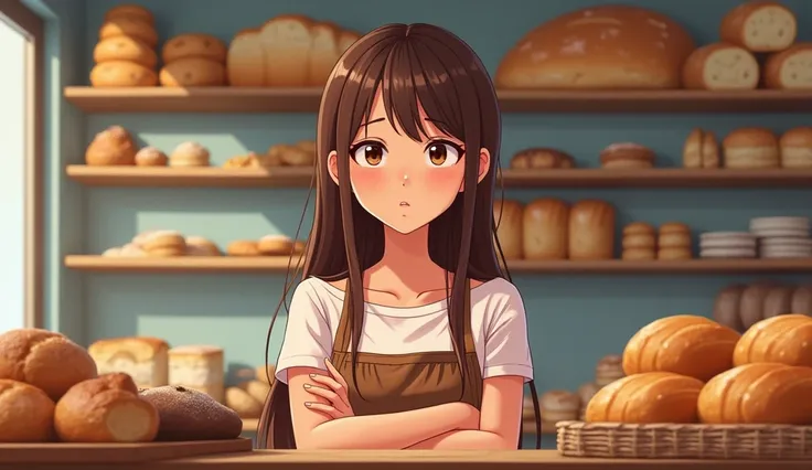 ilustration:Imagine a 25-year-old woman, with long, straight brown hair, working at the bakery counter. She shows frustration.