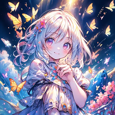 Chibi、cute、1girl, pretty face、Baby Face、((( dynamic best composition with a smile and staring at the top、 top quality、 greatest masterpiece、 super detailed、 high definition)))、 absurd、 fantasy 、Looking up with a smile 、butterfly style、happiness、happiness、F...