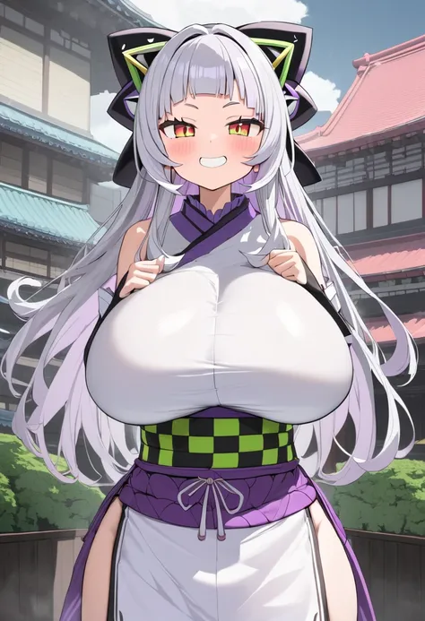 ( top quality, 8k, masterpiece),  girl , young , Idol , 1 person ,  murasaki shion,  hololive , Silver Hair  , Big Breasts ,smile ,  like heaven ,  red cheeks  , Tanimachis emphasis  , A rich variety of skin tones  , ( Ninja ,  Kunoichi :1.2) , ( huge brea...