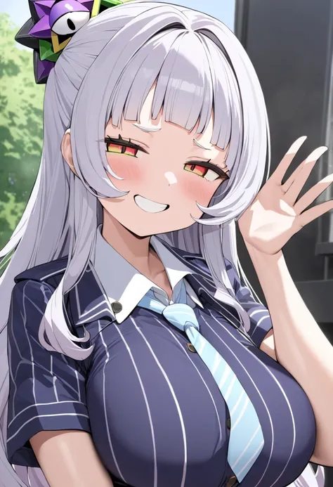 ( top quality, 8k, masterpiece),  girl , young , Idol , 1 person ,  murasaki shion,  hololive , Silver Hair  , Big Breasts ,smile ,  like heaven ,  red cheeks  , Tanimachis emphasis  , A rich variety of skin tones  , ( policewoman :1.2) , ( huge breasts:1....