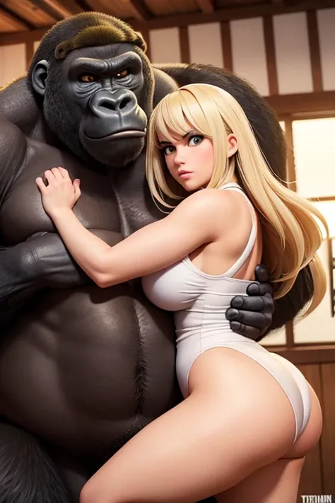 A big gorilla wrestles with a blonde, slim, beautiful woman in sumo! Does not generate nfsw.