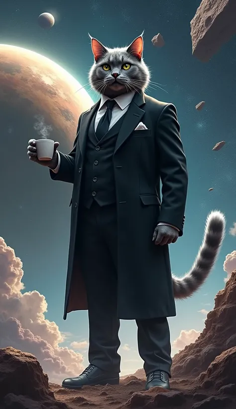 Image of a large round meteorite, flying fast through space. A tall, gray, threatening, aggressive cat in a classic black suit and tie stands with a cup of coffee in his hand. Outer space looks very beautiful and enchanting. A cat stands in the middle of a...