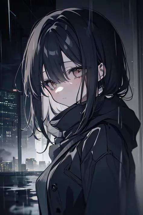 a girl in a dark and gloomy city, melancholic expression, longing for a lost loved one, feeling lost and alone, empty cityscape with rain and mist, muted color palette, chiaroscuro lighting, painterly and atmospheric, a sense of longing and saudade, highly...