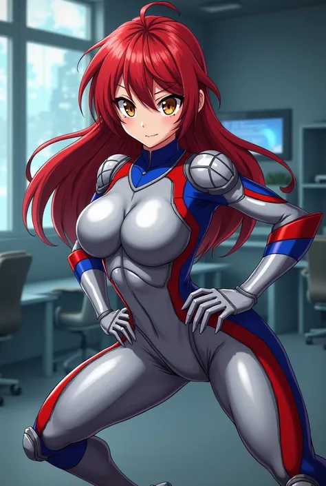   My Hero Academia Style ,   anime girl  , woman, young woman ,  full body shot ,( Fighting Stance :1.3), long hair, Red Hair,   Brown Eyes , hero suit, Full Body Suit, silver suit with red and blue details,  Perfect Anatomy  ,  enhanced abs , super detail...