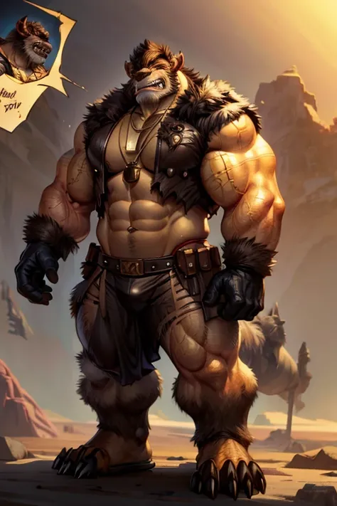  furry，Orcs，Sha Hai ，desert， dark brown sand-proof suit， brown gloves，Robust， is handsome，Melancholic，Pendants，Comic Style， Alone 