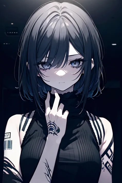 a girl with self-harm scars on her wrists, barcode tattoo, detailed face, emotional expression, detailed clothing, moody lighting, dark atmosphere, cinematic composition, dramatic colors, chiaroscuro lighting, digital art, hyperrealistic, cinematic, melanc...