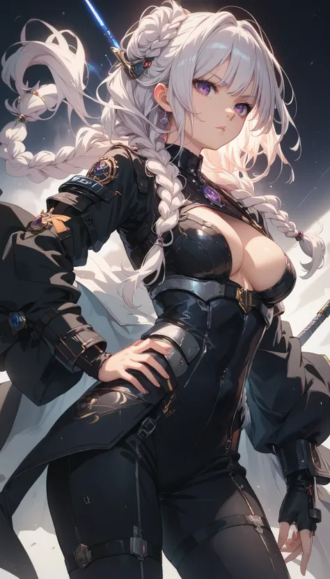  A serious anime girl with long, braided white hair and intense violet eyes, dressed in a dark silver and black suit with sharp, angular armor plating. She’s standing with one hand on her hip, her other hand resting on a futuristic weapon holstered at her ...