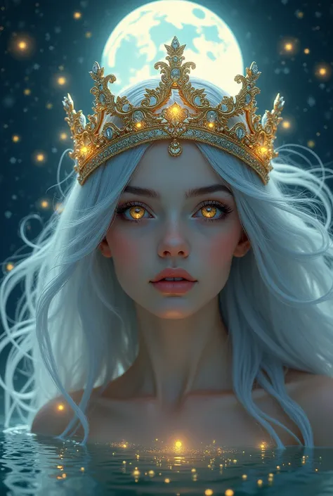 hyper-realistic portrait of a celestial queen with flowing silver hair, her eyes glowing with ethereal light. She wears an ornate crown made of gold and encrusted with shimmering crystals. Her face is illuminated by the soft glow of a full moon, surrounded...