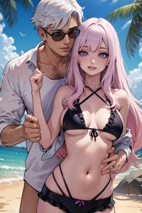 One man. One woman. Perfect faces. Perfect Hands. A young handsome white haired man with ruby eyes in a Gothic swim trunks is kissing a pink haired woman with violet eyes with an hourglass figure in a frilly bikini with big smiles in a beach house