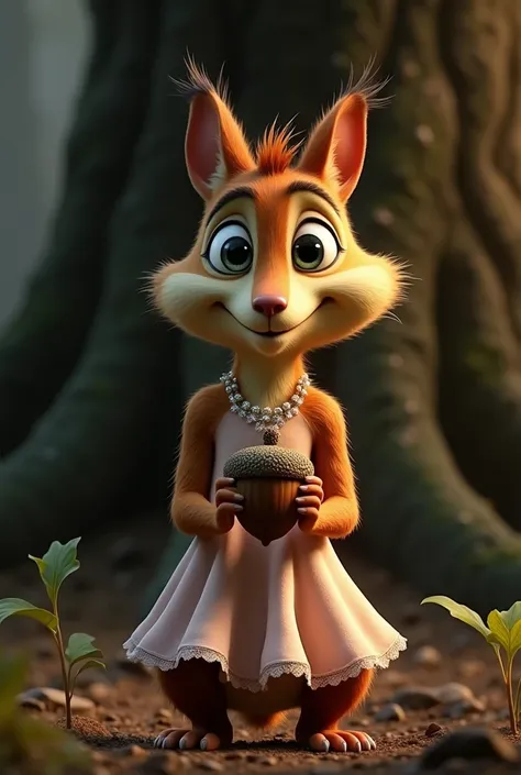 Scrat from the movie Ice acts dressed in a dress and holding an acorn from a black oak