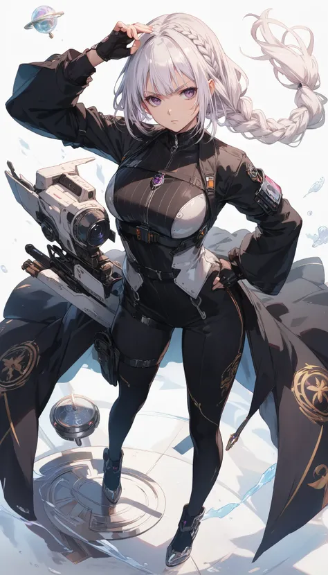 full body A serious anime girl with long, braided white hair and intense violet eyes, dressed in a dark silver and black suit with sharp, angular armor plating. She’s standing with one hand on her hip, her other hand resting on a futuristic weapon holstere...