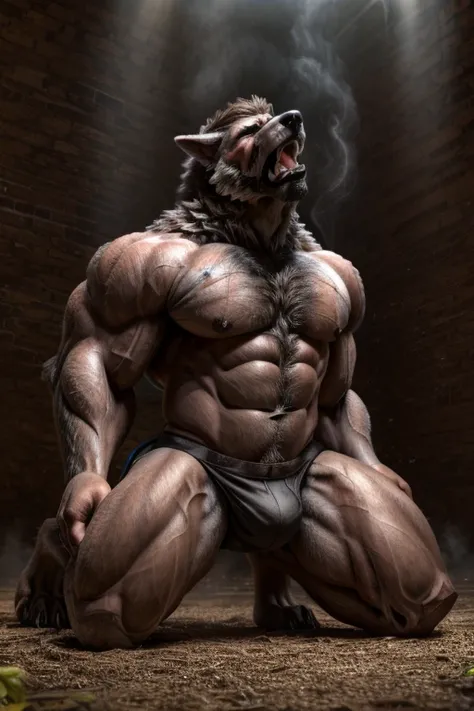 (( This is the best quality)),(masterpiece)), ((4K)) ((( Unique )))，Male wolf， full of muscles ， super real muscles，Super-sharp images，Humanoid wolves ，Clear face， Perfect Face ，(((Transformation，Mid-term transformation)))， brown hair ， Perfect Face ，(((pa...