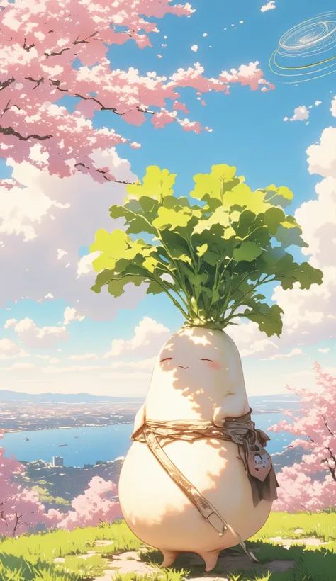  Cherry Blossom Season 、 under a cherry tree 、 under a cherry tree 、 Daikon for cherry blossom viewing , beautiful slope,  living daikon , A human-shaped radish,  anthropomorphic daikon ,  there is an arch like the Leaning Tower of Pisa 、 The view is beaut...