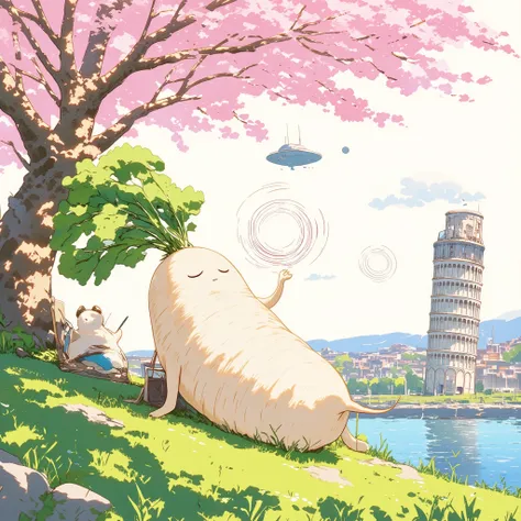  Cherry Blossom Season 、 under a cherry tree 、 under a cherry tree 、 Daikon for cherry blossom viewing , beautiful slope,  living daikon , A human-shaped radish,  anthropomorphic daikon ,  there is an arch like the Leaning Tower of Pisa 、 The view is beaut...