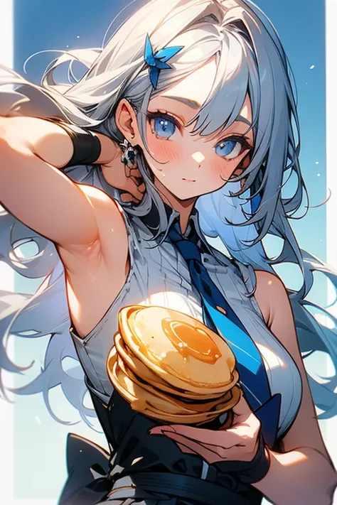 Grey Hair、cute、Beauty、 high school girl with visible armpits、Pancakes