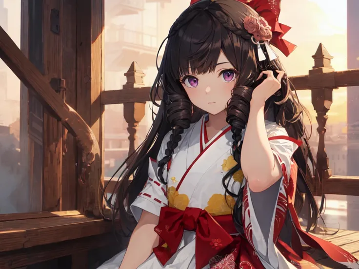 Solo, 1 Girl, (Human Ear, Earring), (Long Hair, Hair Accessory), (Anime Face), (Woman Sitting, Hands on Head), (Red and White Shrine Maiden Outfit), (Sunset Sky, Sunset Sun, Evening Sky), (Focus on Chest, Oblique Angle), (High Resolution, Masterpiece, Accu...