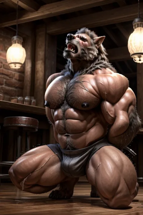 (( This is the best quality)),(masterpiece)), ((4K)) ((( Unique )))，Male wolf， full of muscles ， super realistic muscles in the pub，Super-sharp images，Humanoid wolves ，Clear face， Perfect Face ，(((Transformation，Mid-term transformation)))， brown fur， Perfe...