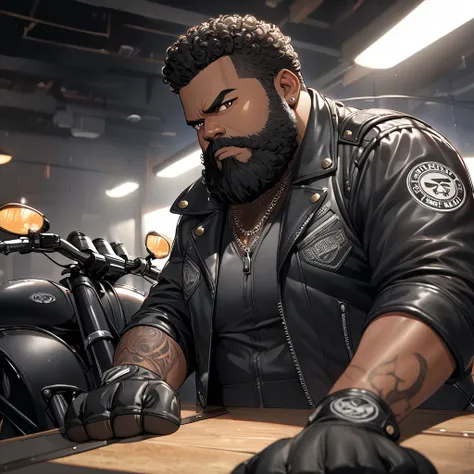 black man, big beard, short curly hair, leather vest, Motorcycle club, insane,  high definition, 4K, jacket