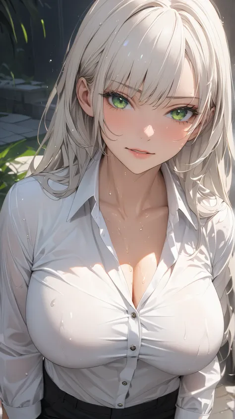 face details,semi realistic, Masterpiece, Master work, perfect , 4k, 1woman, wet body, mature body, big size breast, straight shoulder-length hair, flat Bangs hair style, white colored hair, bright green eyes, annoyed expression face, wearing white buttone...