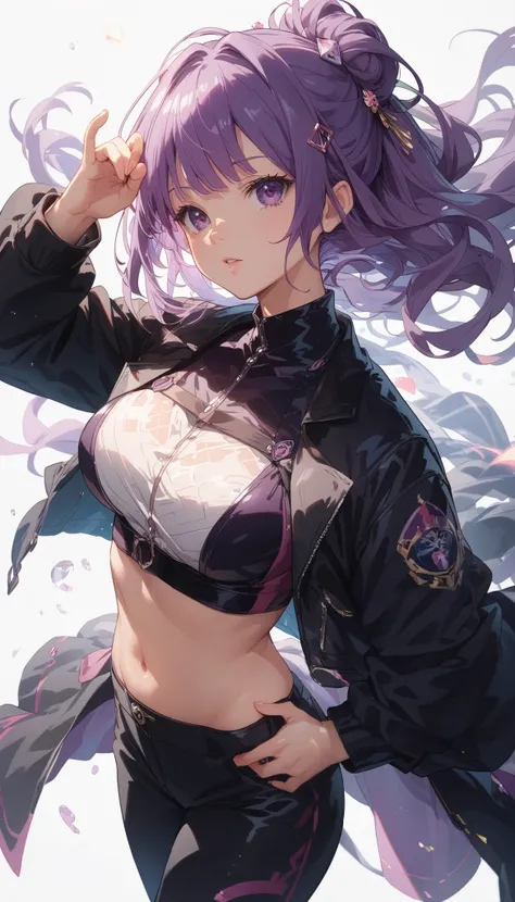 An anime girl with shoulder-length purple hair and warm purple eyes, dressed in a sleek, black jacket with a subtle purple tint and black pants. She wears a pink hairpin in her hair. The sunlight reflects softly on her jacket, highlighting its advanced and...