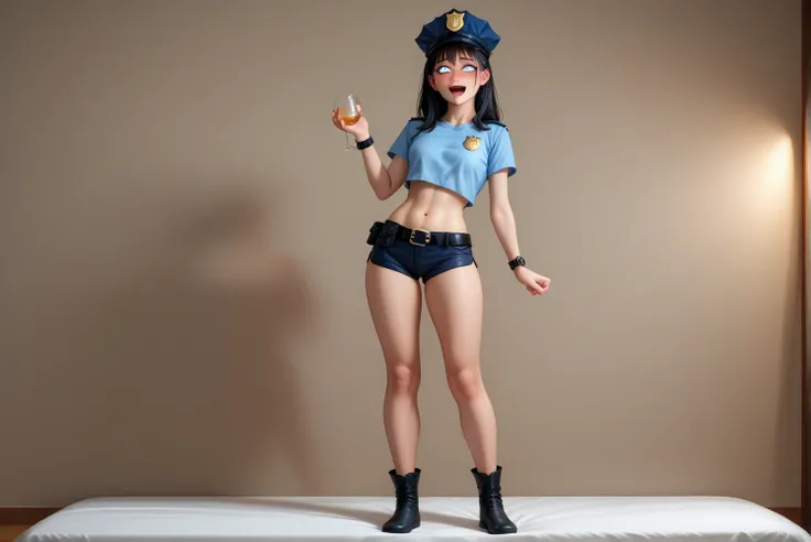 Japanese female police officers, black hair,Large round eyes , slender body , black short sleeve police shirt, black hotpants standing on the right ,black police belt , black short boots , Wrist Watch ,Navel exposed,Drunk,hiccup, Full Body Shot , open your...