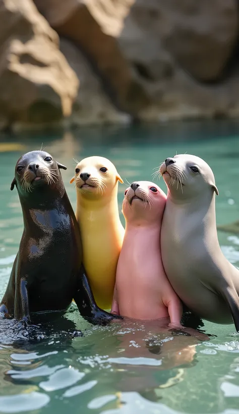 "Four baby sea lions with unique body colors (black, yellow, pink, and gray)  are playing in the clear water in a cheerful atmosphere. Their faces look cute and adorable ,  with cheerful and curious expressions .  The surrounding environment seems natural ...