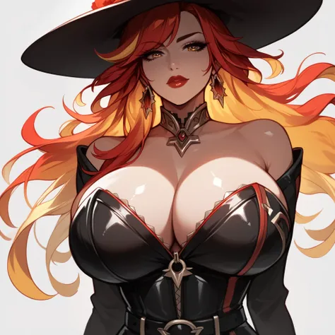 , huge breasts,score_9, score_8_up, score_7_up, score_6_up, source_anime,monochrome,dijor, sketched,Milf, Mommy, solo female, Curvaceous Physique, shiny skin, multicolored hair, red hair, yellow hair, blunt bangs, large breasts, red lipstick, black dress, ...