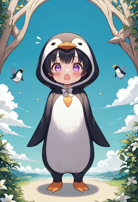 Anime illustration style, girl in cute penguin costume, silly expression, This is cute fantasy art that looks like a fairy tale picture book, ultra detailed, absolutely resolution, masterpiece