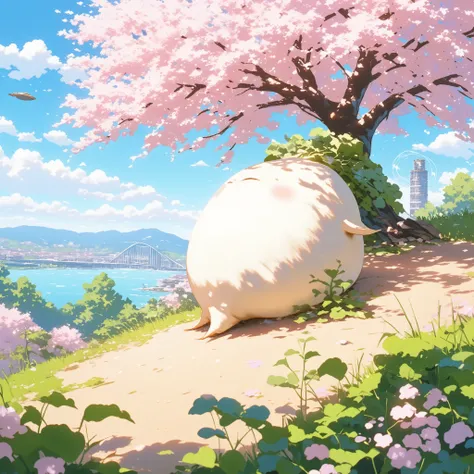  Cherry Blossom Season 、 under a cherry tree 、 under a cherry tree 、 Daikon for cherry blossom viewing , beautiful slope,  living daikon , A human-shaped radish,  anthropomorphic daikon ,  there is an arch like the Leaning Tower of Pisa 、 The view is beaut...