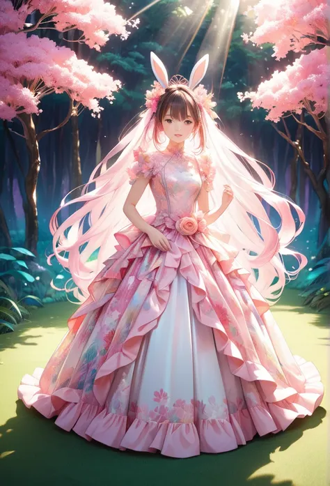 ``Japanese anime character, cute rabbit in pink color, beautiful adorable rabbit wearing an elegant and elaborate Hawaiian dress, the dress must have intricate designs and patterns to give it a luxurious and exclusive look. In the background, the image sho...