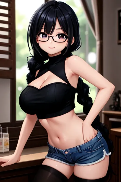 1girl, best quality, looking at viewer, kawaii, shiny skin, shiny clothes, bandeau, crop top, navel, bare stomach, midriff, sleeveless, shrug(clothing), miniskirt, thighhighs, huge breasts, cleavage, long hair, single braid, black hair, black eyes, glasses...