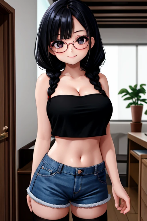 1girl, best quality, looking at viewer, kawaii, shiny skin, shiny clothes, bandeau, crop top, navel, bare stomach, midriff, sleeveless, shrug(clothing), miniskirt, thighhighs, huge breasts, cleavage, long hair, single braid, black hair, black eyes, glasses...