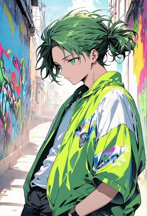 One Man Neon Green Street Fashion Oversized Vivid Accent Color Relaxed Look Graffiti Style Design Moving Hairstyle Casual Item Creative Energy