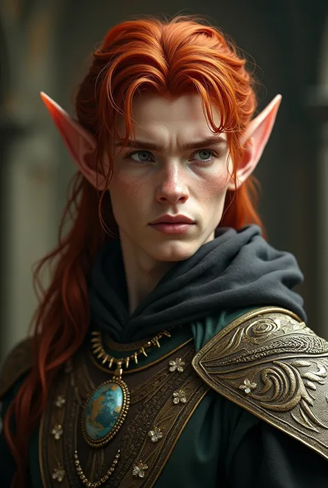 Elf man, pointed elf ears, red hair, elaborate elven noble outfit, jewelry, dynamic pose, complex fantasy character, cinematic lighting, fantasy, magic, detailed background, best quality, HDR, 8k, photorealistic, RAW photo, highly detailed