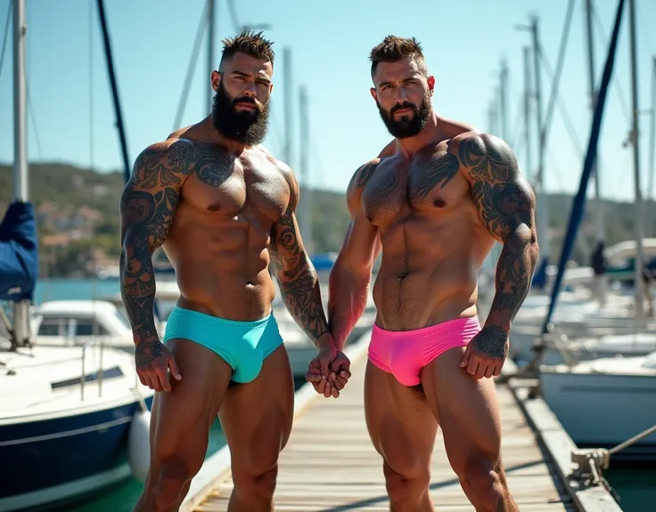 Two wet brutal muscular tattooed bearded bodybuilders in wet bright turquoise glossy latex thongs and in bright pink glossy latex thongs stand on a wooden pier among moored sailing yachts, their wet beautiful muscular pumped up bodies completely covered in...