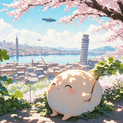  Cherry Blossom Season 、 under a cherry tree 、 under a cherry tree 、 Daikon for cherry blossom viewing , beautiful slope,  living daikon , A human-shaped radish,  anthropomorphic daikon ,  there is an arch like the Leaning Tower of Pisa 、 The view is beaut...