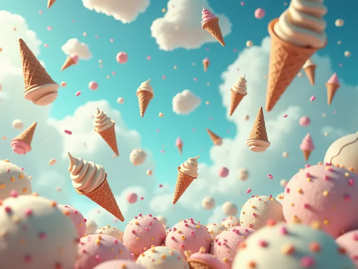 Background with various ice creams falling from the sky 