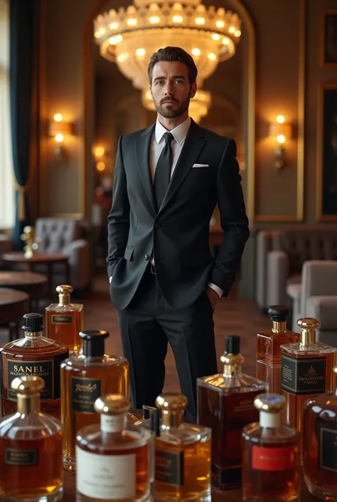  elegant man in the middle of a well-lit room with lots of bond 9 perfumes,  perfumes by Marly , Creed 