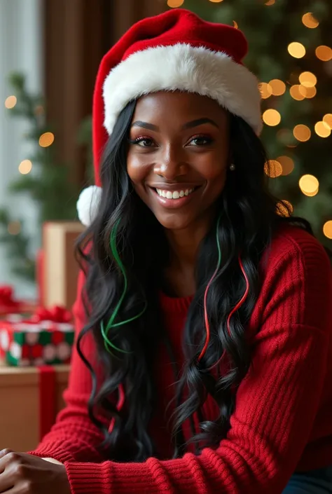  35-year-old woman , black,  long straight hair with red and green locks,  wearing a Christmas hat on her head , sitting next to 