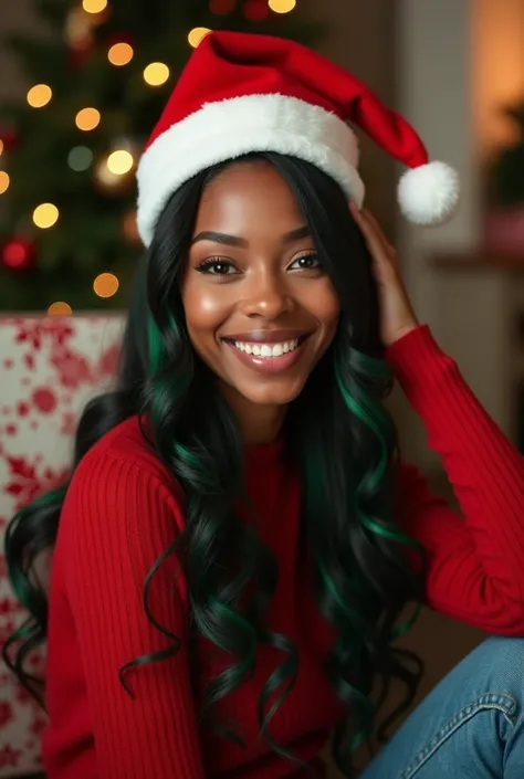  35-year-old woman , black,  long straight hair with red and green locks,  wearing a Christmas hat on her head , sitting next to 