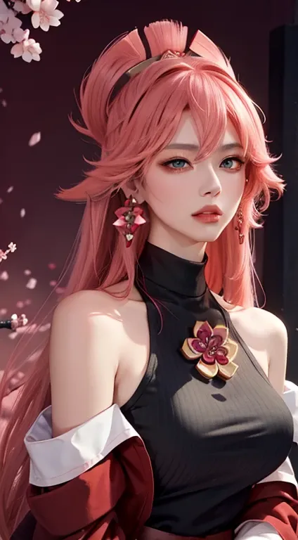 (Masterpiece, Excellent, 1girl, solo, complex details, color difference), realism, ((medium breath)), off-the-shoulders, big breasts, sexy, Yae Miko, long pink hair, red headdress, red highlight, hair above one eye, green eyes, earrings, sharp eyes, perfec...