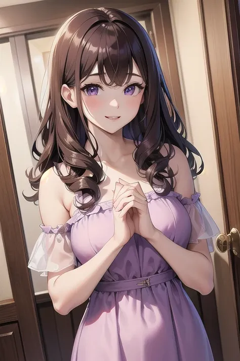  top quality、masterpiece、 high definition 、Fine Lines、 high definition、24 year old adult woman 、 looks like an adult、、Curly Hair、Brown Hair、Big purple eyes 、Pale lips、smile、 Light Purple Simple Party Dress、Fluffy Dress 、 Simple Hotel Room 、hands together, ...