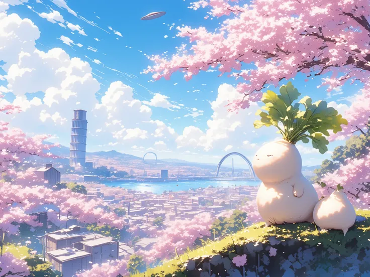  Cherry Blossom Season 、 under a cherry tree 、 under a cherry tree 、 Daikon for cherry blossom viewing , beautiful slope,  living daikon , A human-shaped radish,  anthropomorphic daikon ,  there is an arch like the Leaning Tower of Pisa 、 The view is beaut...