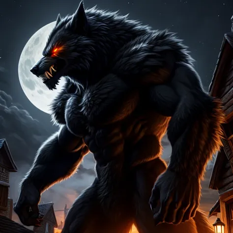 50 meter huge werewolf with a detailed black furred body and amber glowing eyes with, snarling, fangs, towering over the houses of a village, night time, portrait with shoulders and chest, semi side angle,