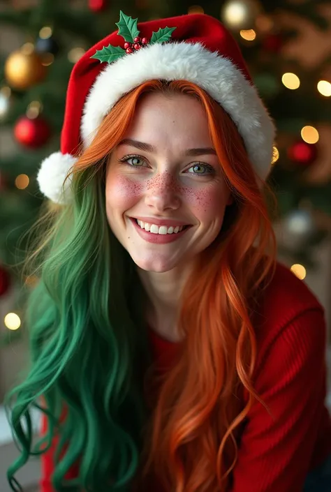  35-year-old woman , white with freckles ,  red hair with long, straight green locks, wearing a Christmas hat ,  sitting next to a Christmas tree , very happy