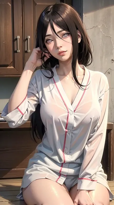 hyuuga hanabi, long hair tied low, hair band, hana purple eyes, beautiful, beautiful woman, perfect body,large breasts, wearing white pajamas, pajamas, breast_lift, sleepwear, sitting in the kitchen, clear kitchen, looking at the audience, a slight smile, ...