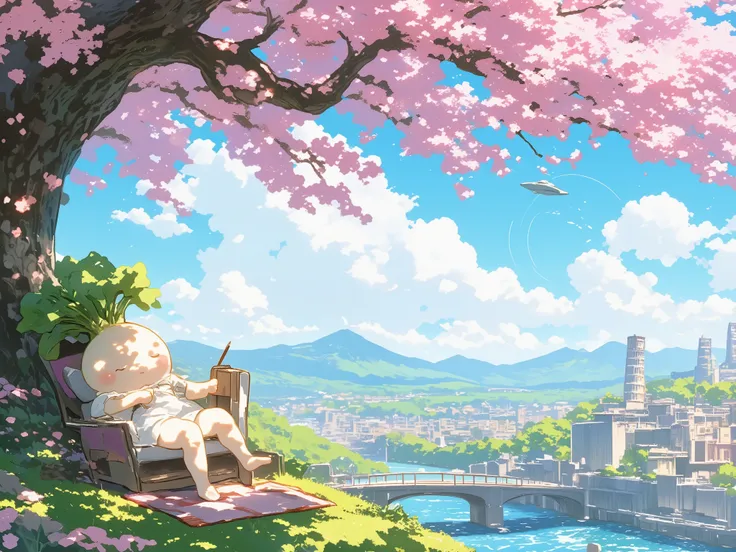  Cherry Blossom Season 、 under a cherry tree 、 under a cherry tree 、 Daikon for cherry blossom viewing , beautiful slope,  living daikon , A human-shaped radish,  anthropomorphic daikon ,  there is an arch like the Leaning Tower of Pisa 、 The view is beaut...