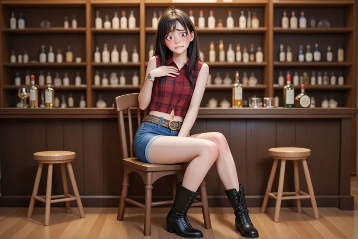 Japanese cowgirl , black hair,Large round eyes ,red black plaid sleeveless collared shirt,  denim hot pants,Western Belt, western boots , Wrist Watch ,Navel exposed,Drunk. ahe face,I have strong hiccups , full body shot,Embarrassed,Sit on a wooden round ch...